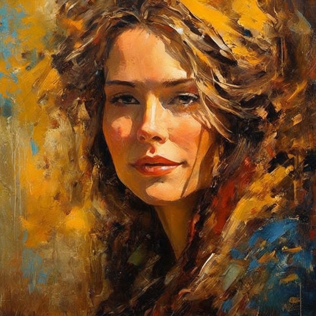 new art, face art: European women, Satara by Johnny Taylor, in the style of brushstroke-intensive portraits, cinematic elegance, golden light, multi-color, dark proportions, flowing brushwork, multilayered realism, feminine themes, dripping paint