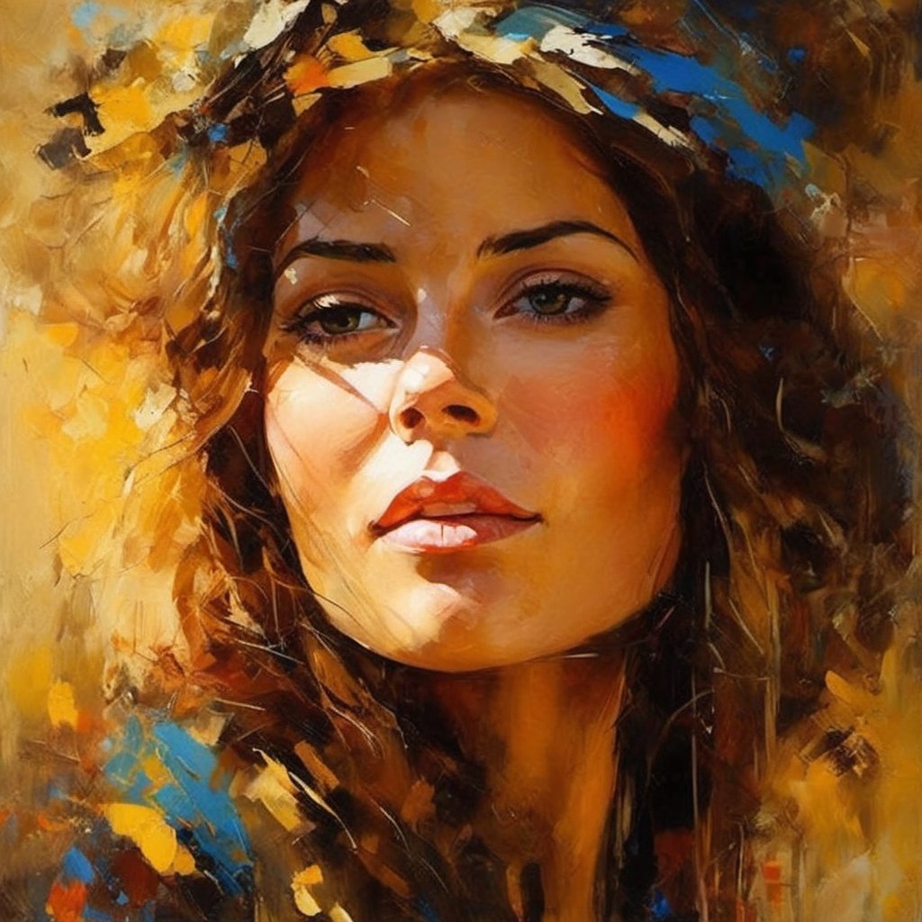 new art, full face art: European women, Satara by Johnny Taylor, in the style of brushstroke-intensive portraits, cinematic elegance, golden light, multi-color, dark proportions, flowing brushwork, multilayered realism, feminine themes, dripping paint