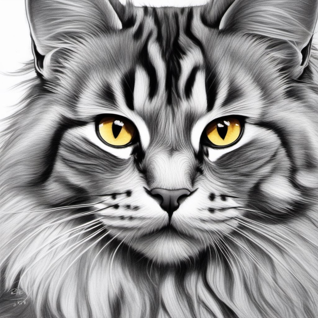 Create A pencil sketch of a Main Coon Cat with golden brown eyes.Dark energy emitting, death aura , sharp focus, high quality, high detailed.
