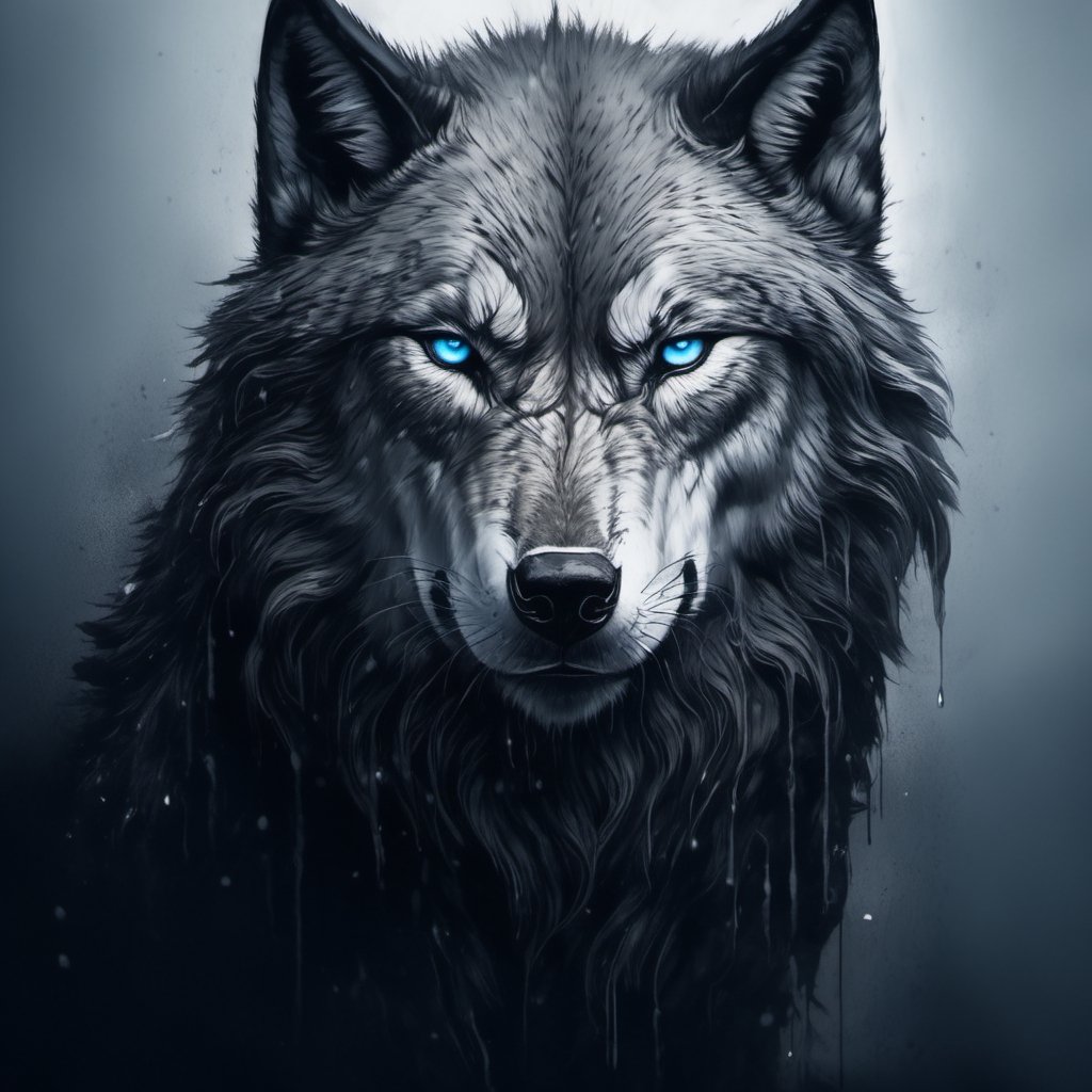 (best quality, high res), ultra-detailed, realistic, portrait, monochrome, soft light, sharp focus, masterpiece:1.2, wolf with glowing blue eyes, dripping wet black mud, dark fierce expression, weathered face, long beard, ferocious gaze, sinister grin,  battle scars,  strength and power, dominance, authority, proud, mythical, ancient, legendary, luxurious fur trim, deep shadows, intense eyes, harsh environment, menacing atmosphere, full_body, Leonardo Style, Leonardo mix-3, Leonardo Style,Gric