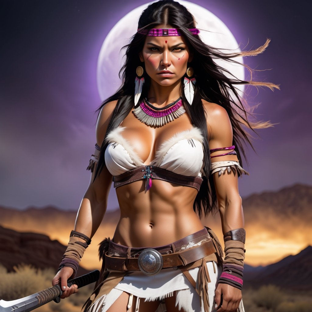 Full Body muscular and extremely beautiful  Apache woman, fierce wild determined unstoppable battle-worn with scars and dirt, fighting stance with legs spread arms wide with battle axe in hand, wearing white fur vests, with very big(huge) boobs, Bright High-Contrast, expressive, Solo woman, Amerecan Native, intricate detailed, angry face female, The masterpiece is a beautiful Apache girl with long black hair and golden brown eyes. She is intricately designed, elegant, and highly detailed, appearing extremely lifelike and photorealistic in her full body form. The RAW image was captured using an analog Nikon Z 85mm lens, with a Dutch angle for added visual interest. The award-winning photography showcases the best quality and realism, achieved through meticulous post-processing techniques. The result is an ultra-realistic, 8k UHD image with cinematic lighting. large breasts plate, futuristic, cowboy_shot, technologic, panel, half face mask, combat technology, tech filigrane, gold, aluminium, purple metalized, studio photography, 8k, super_detailed, ultra_high_resolution, Best quality, masterpiece, dynamic lighting, depth of field, deep shadow, RAW photo, best quality, Full moon,detailmaster2