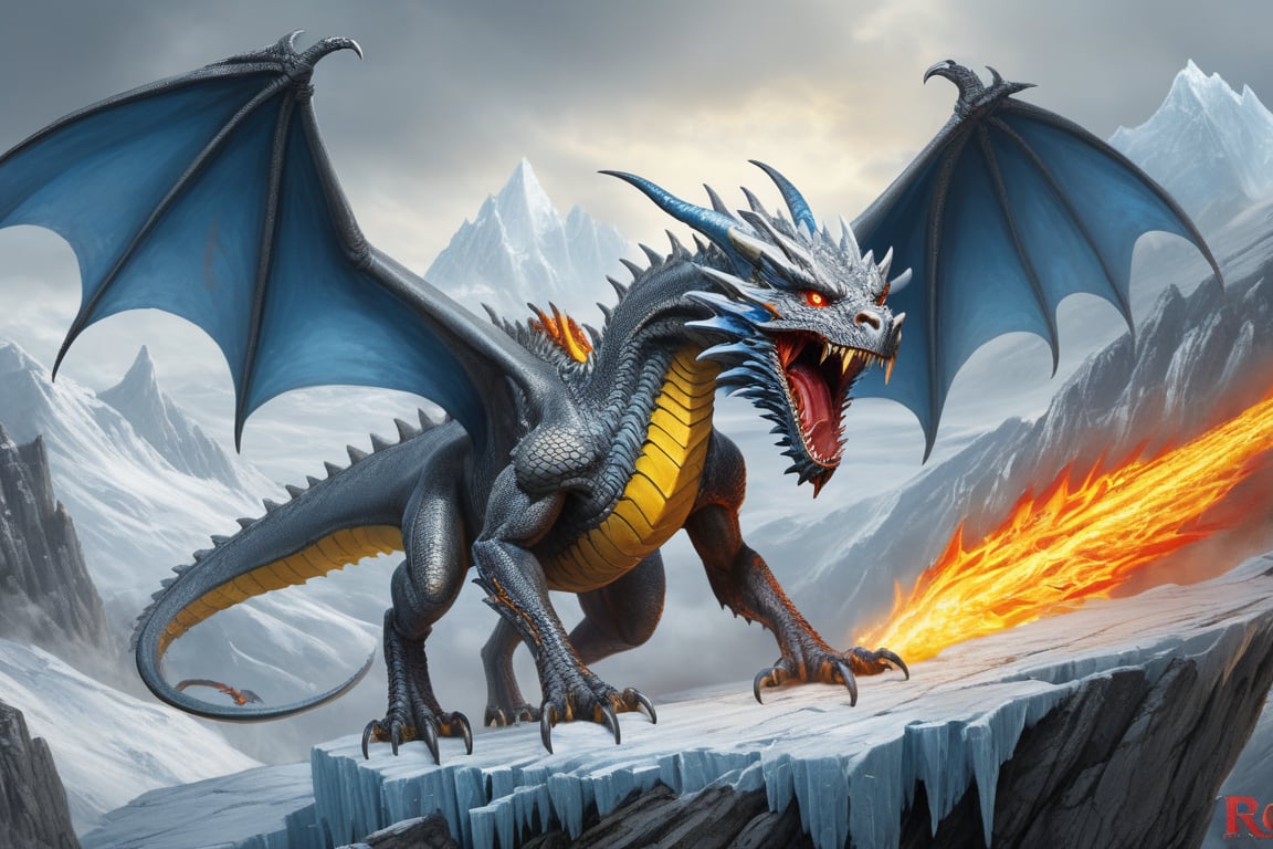  grey dragon with yellou eyes and blue chest  
 flying over a mountain,ready to attack the camera, jaws wide open, teeth clearly visible, ice dystopian background, 3d style, cyborg, yellow eyes, red fire in nose(nostrils) standing on back legs,wings big and open,full bodyred blood on front legs dripping of nails,greg rutkowski