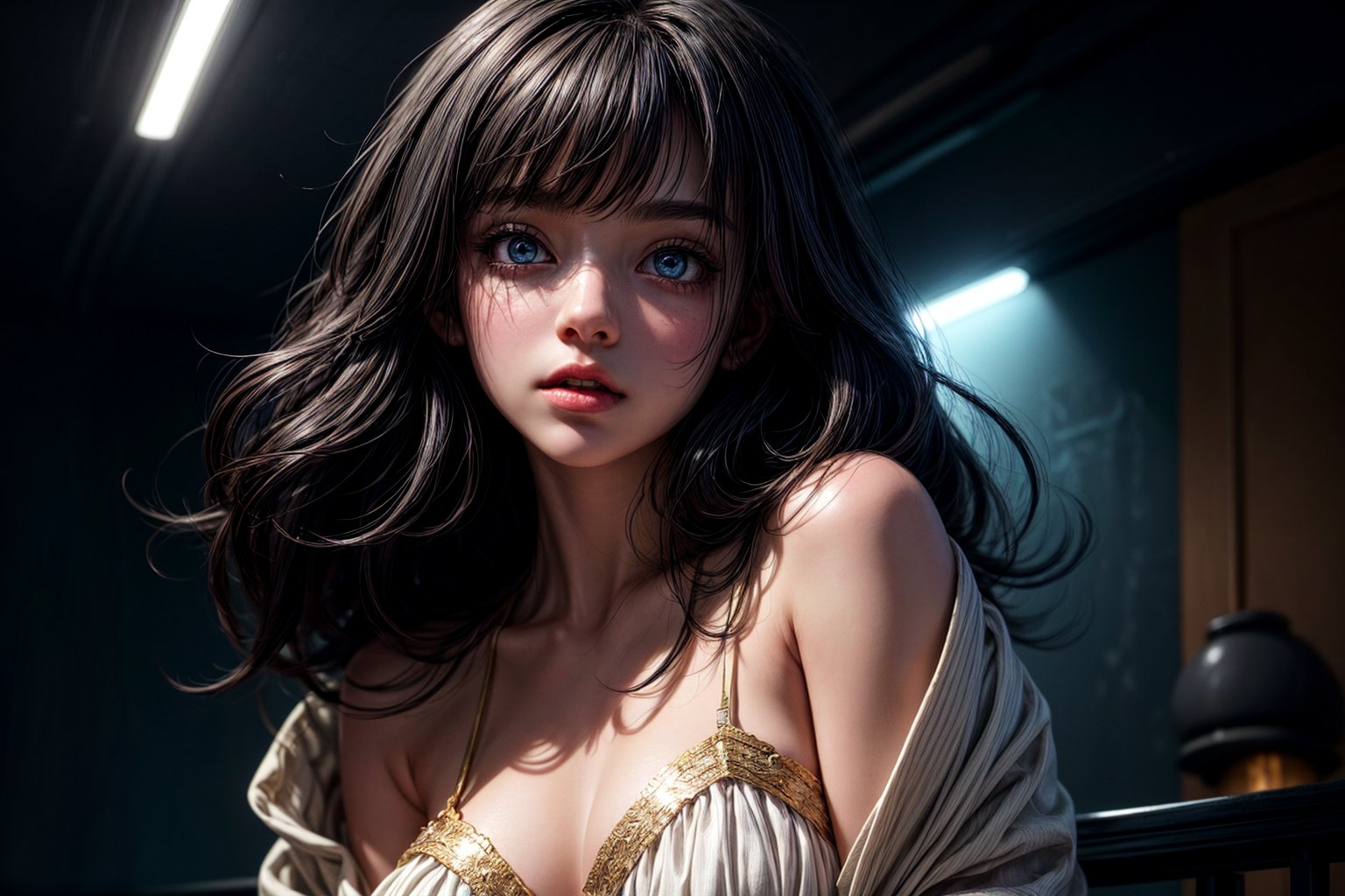 best quality, detailed face, full body, full scéně, the girl she sits alone in the dark, only her face illuminated by the blue light. she is fully dressed in a white dress with gold details. she has long black hair. her eyes are sparkling blue. her face looks innocent. She is cute and beautiful. 
symmetrical, vibrant, style artwork, highly detailed CG, 8k wallpaper, beautiful face, full scene
