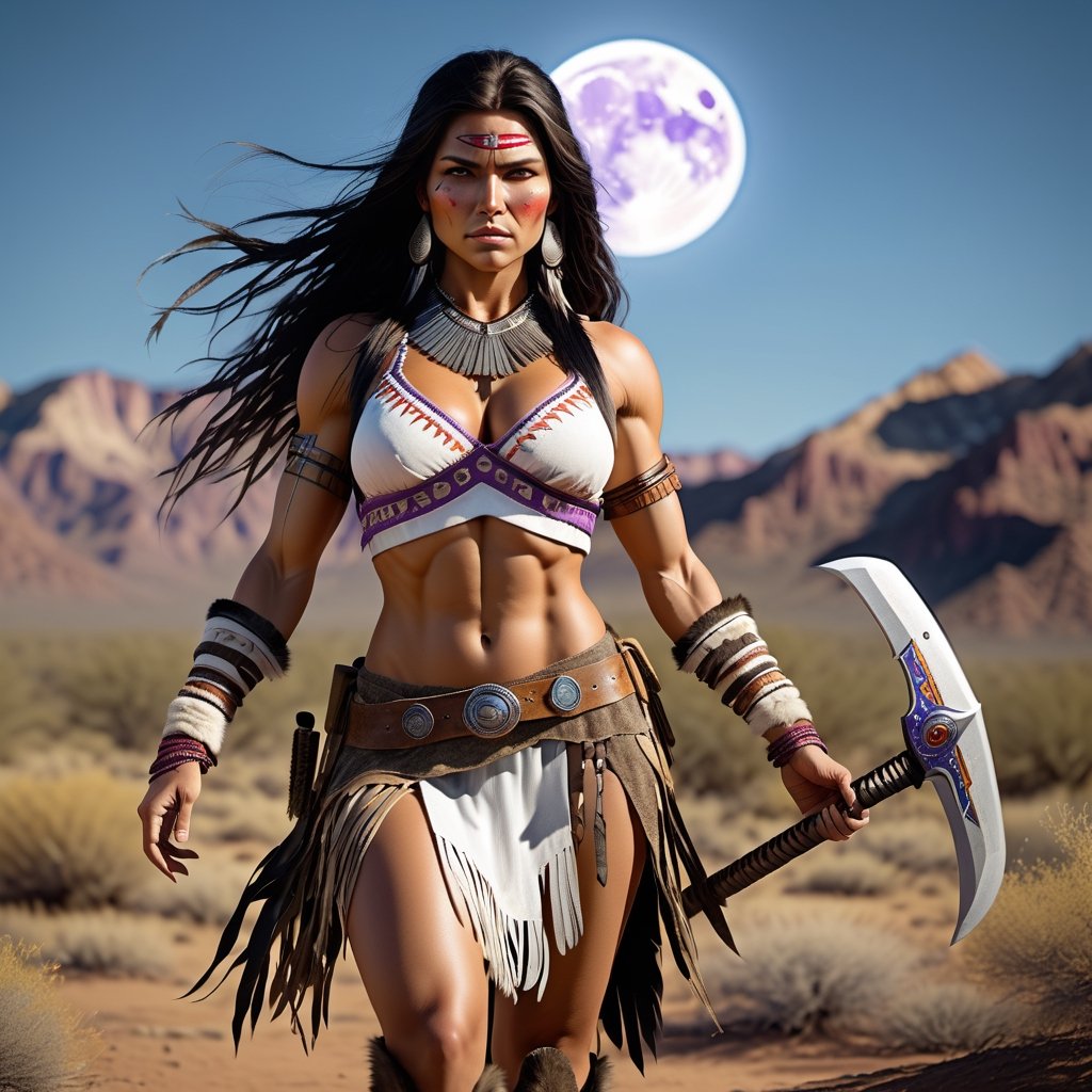 Full Body muscular and extremely beautiful  Apache woman, fierce wild determined unstoppable battle-worn with scars and dirt, fighting stance with legs spread arms wide with battle axe in hand, wearing white fur vests, with very big(huge) boobs, Bright High-Contrast, expressive, Solo woman, Amerecan Native, intricate detailed, angry face female, The masterpiece is a beautiful Apache girl with long black hair and golden brown eyes. She is intricately designed, elegant, and highly detailed, appearing extremely lifelike and photorealistic in her full body form. The RAW image was captured using an analog Nikon Z 85mm lens, with a Dutch angle for added visual interest. The award-winning photography showcases the best quality and realism, achieved through meticulous post-processing techniques. The result is an ultra-realistic, 8k UHD image with cinematic lighting. large breasts plate, futuristic, cowboy_shot, technologic, panel, half face mask, combat technology, tech filigrane, gold, aluminium, purple metalized, studio photography, 8k, super_detailed, ultra_high_resolution, Best quality, masterpiece, dynamic lighting, depth of field, deep shadow, RAW photo, best quality, Full moon,detailmaster2