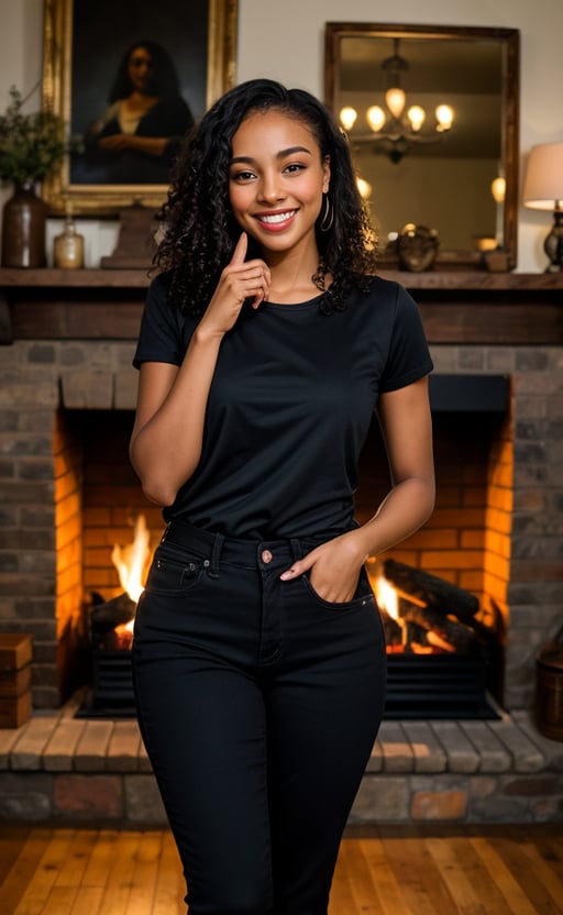 (masterpiece, professional 8k ,photorealic photograph), low  camera field view, full portrait of a stunning  black woman, with her index finger pointing forward, light  skinned chocolate colour , black  hair  ,lovely face, realisic , thick thighs,   detailed dark background a cozy, rustic setting, standing by a fireplace plays with her hair, surrounded by vintage furniture and soft, warm lighting that conveys a sense of comfort and nostalgia, wearing a black shirt ,a  ragged trousers, black jeans, smiling with a unique smile,very smooth face, medium saturation,sharp image