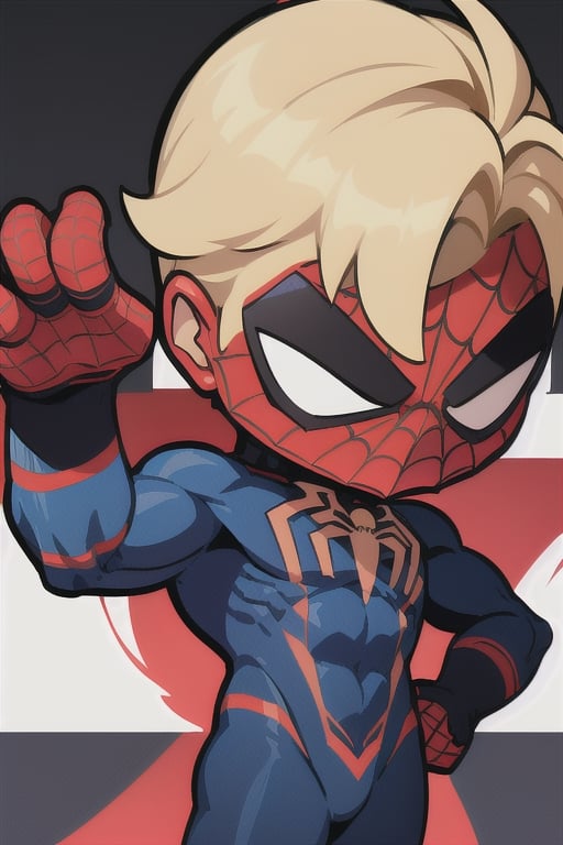Chibi line-drawing of spider-man in a hero pose, thick lines, cartoon, artstation sample