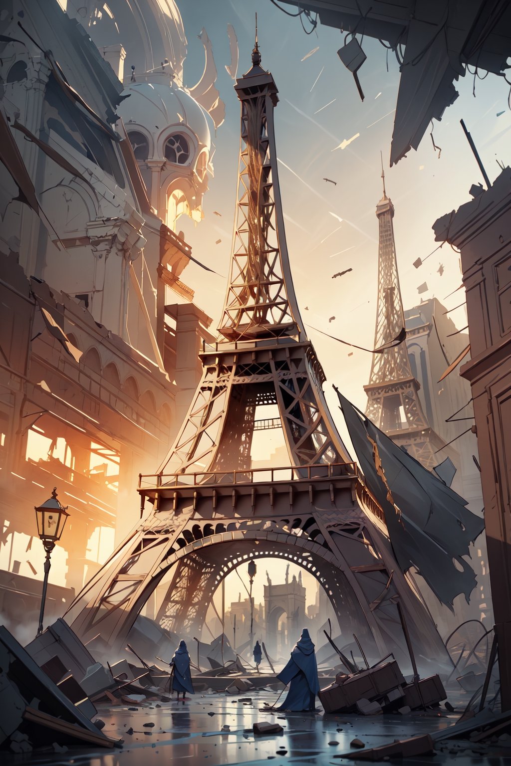 ((masterpiece, best quality)) medieval high fantasy illustrations vivid colors moody lighting atmospheric environment campaign setting bustling ruins littered debris destroyed Eiffel Tower