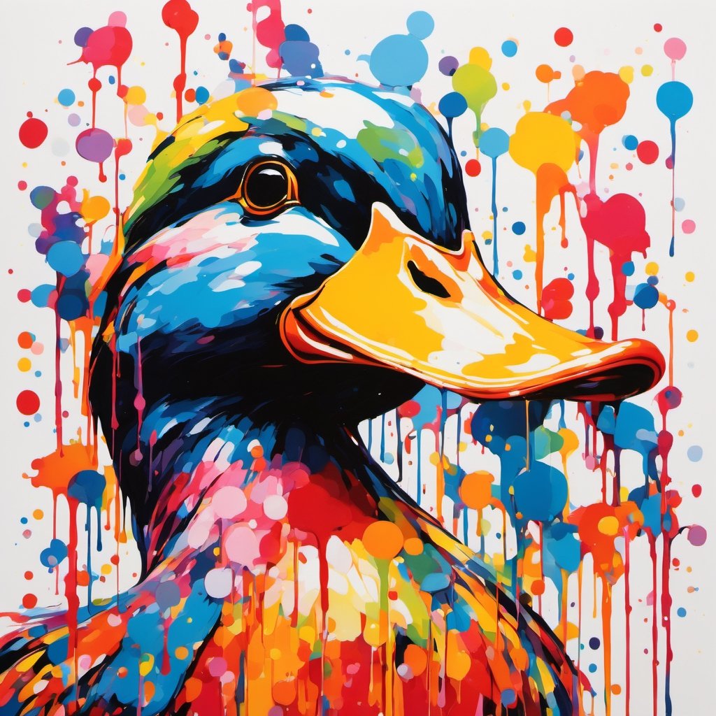 Duck face, multiple colours dripping paint, Colourful bird , only face