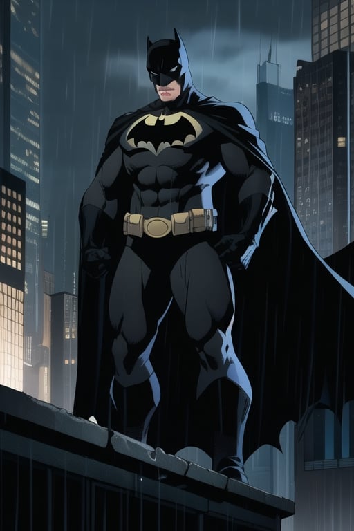 1 male,batman, white eyes,no eyelids,black batman mask,black metallic bodysuit,batman logo,black bat cape, muscular,abs,standing on top of a building, rainy dark night,Pectoral Focus