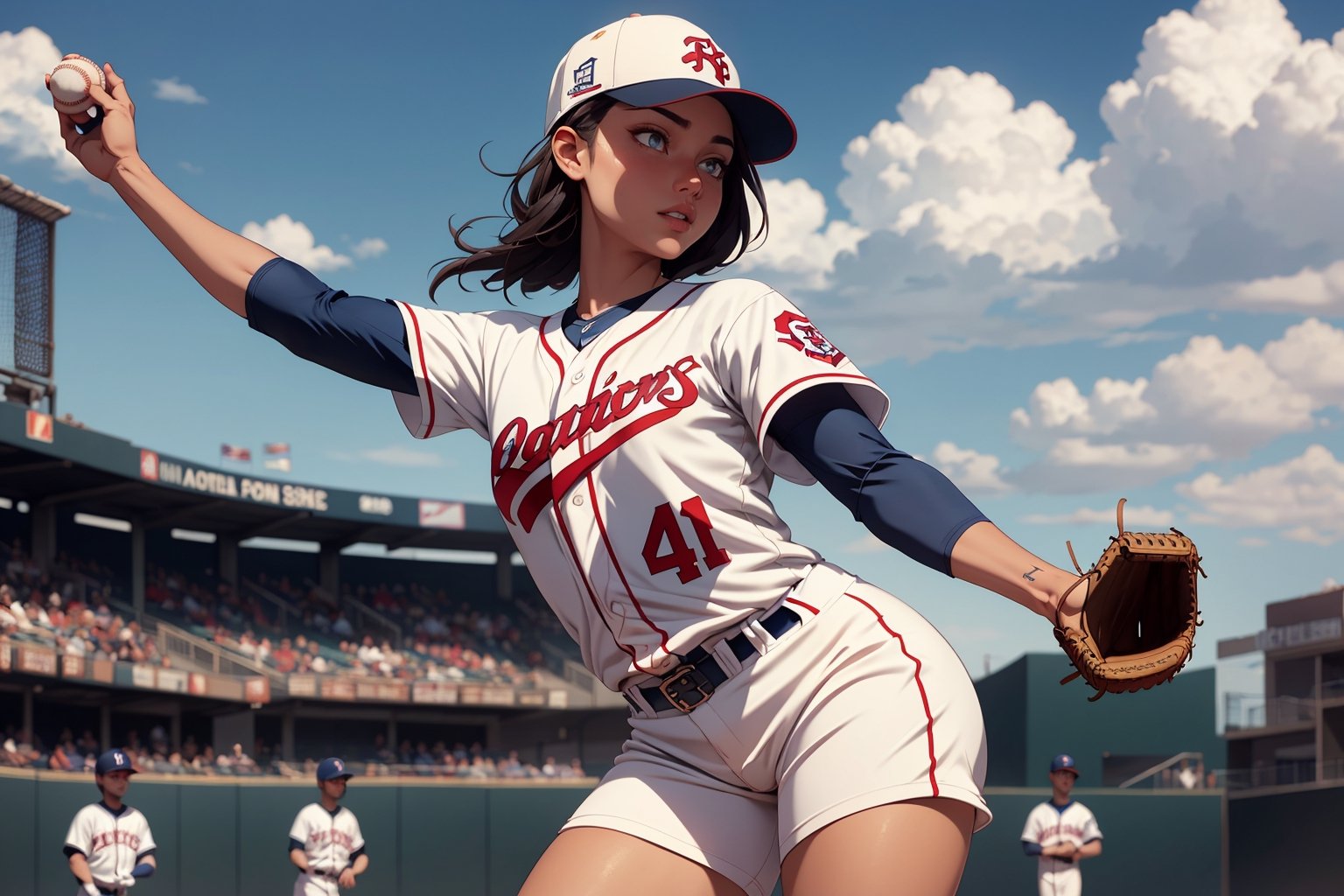 baseball player in uniform, Highly detailed official artwork, [4k Digital Art]!!, Clean detailed , cinematic lighting, filters, 1girl, detailed face, beautiful detailed eyes, (small breasts 1.2), dynamic angles, fine and beautiful hair, extremely fine and beautiful cloth , perfect face, perfect eyes, perfect lips, (baseball uniform), (baseball cap), (cowboy shooting), zettai Ryouiki (baseball field), high-detailed, midway, high-detailed, (bouncing breasts 1.3) ,High detailed ,midjourney , cowboy_shot
