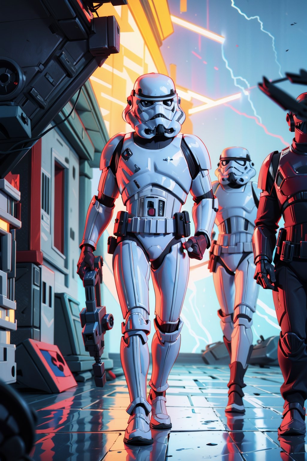 a storm trooper ,storm trooper , holding a blaster in his hands , in a ship , white , intimidating , walking to us , front view , full body view