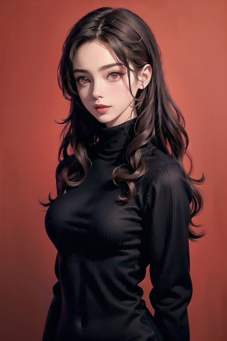 best quality, masterpiece, detailed, 16k, beautiful detailed face, beautiful detailed eyes, 8k, femalesolo, prefect body, prefect face, A cute girl, long black curly hair, matt lips,(heavy lower lips), (elegant turtleneck dress:1.2), casual outfit, (red background) , sweet smile, Detailedface,pastelbg