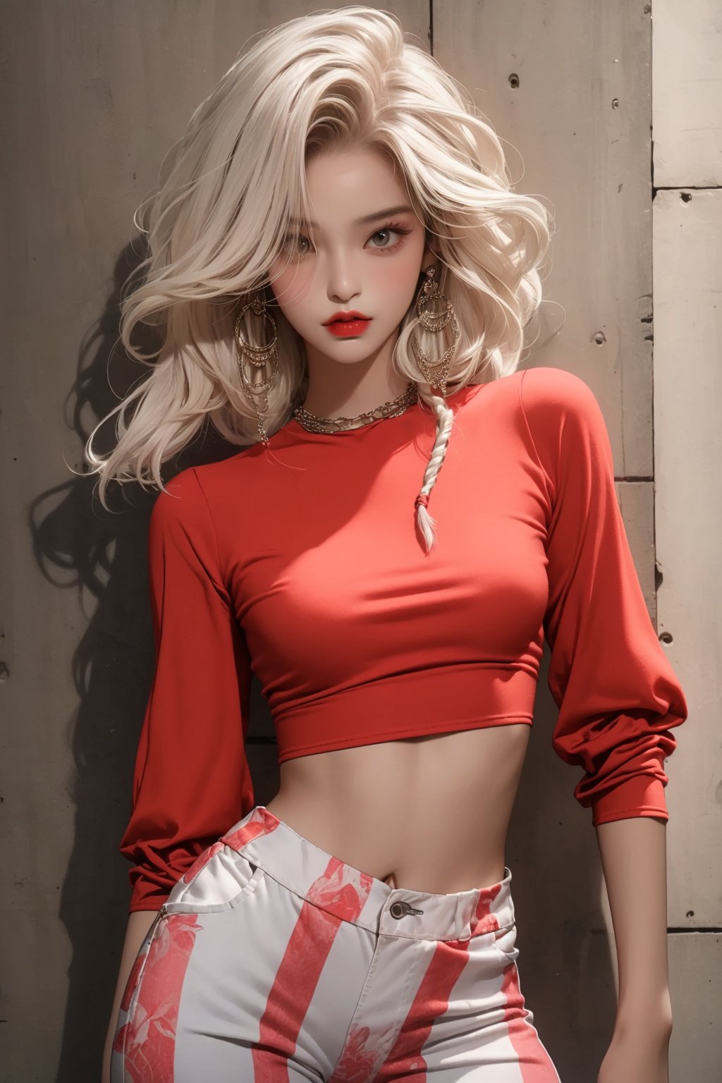  A beautiful teen girl with a skinny body, (white multi dreadlocks hair) , she is wearing a (red designed full sleeve top and designed Harem Pants), fashion style clothing. Her toned body suggests her great strength. The girl is dancing hip-hop and doing all kinds of cool moves.,Sohwa,medium shot