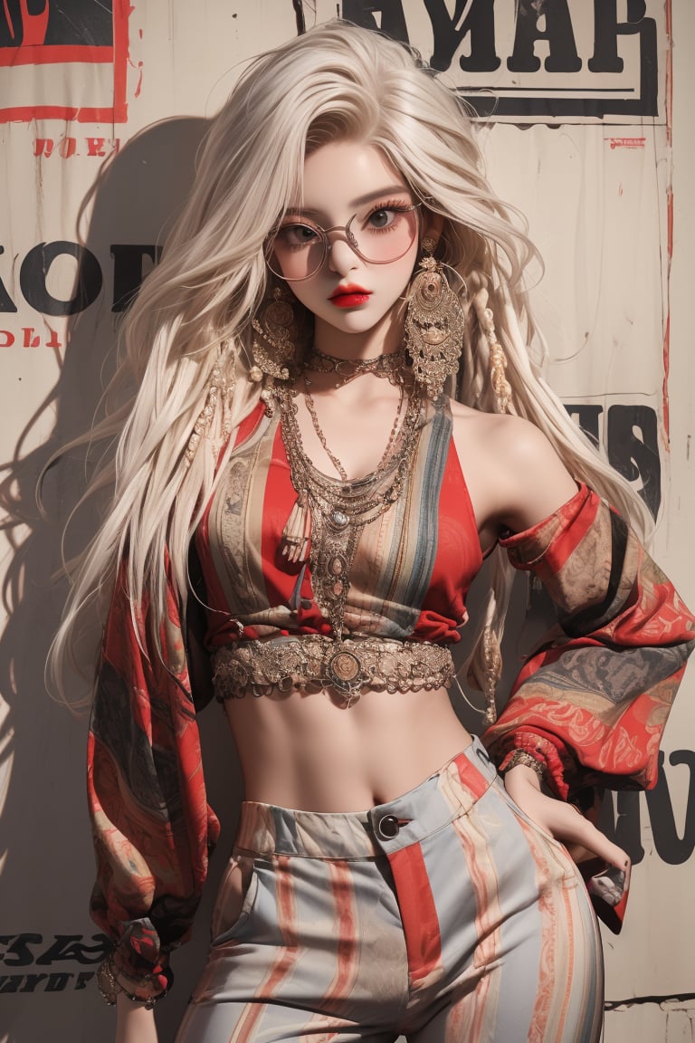  A beautiful teen girl with a skinny body, (white multi dreadlocks hair) , she is wearing a (red designed full sleeve top and designed Harem Pants), fashion style clothing. eye glasses, Her toned body suggests her great strength. The girl is dancing hip-hop and doing all kinds of cool moves.,Sohwa,medium shot