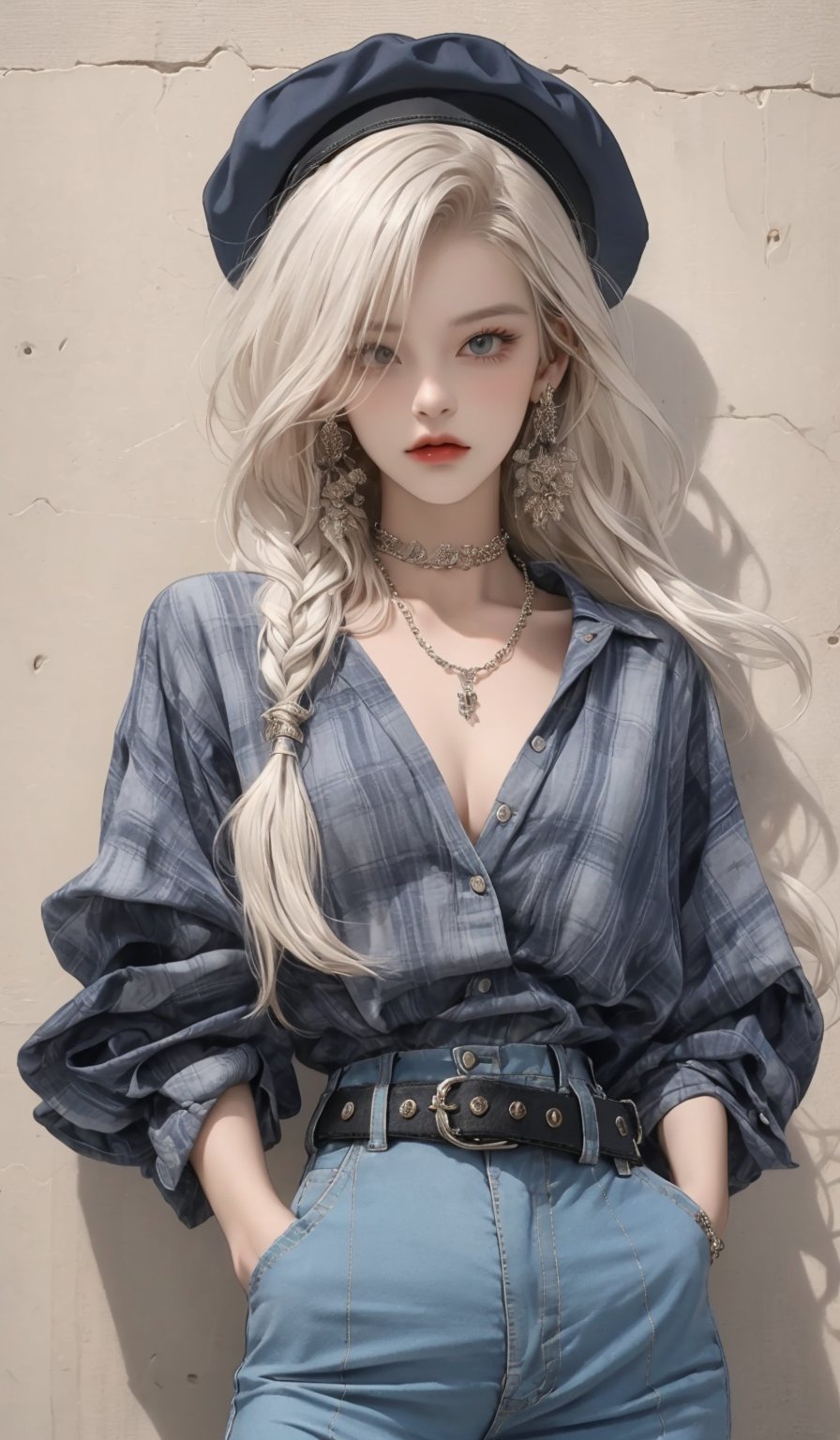  masterpiece art, 8k, (A beautiful teen girl with a skinny body), (white dreadlocks hair) , she is wearing a (red designed checked shirt), (black designed Palazzo shorts), (waist knot belt), (choker), (newsboy hat), fashion style clothing. Necklace, jewelry, Her toned body suggests her great strength. The girl is dancing hip-hop and doing all kinds of cool moves.,white wall background,shot from a distance,detailed art Sohwa,medium full shot,skinny,Detaileddace