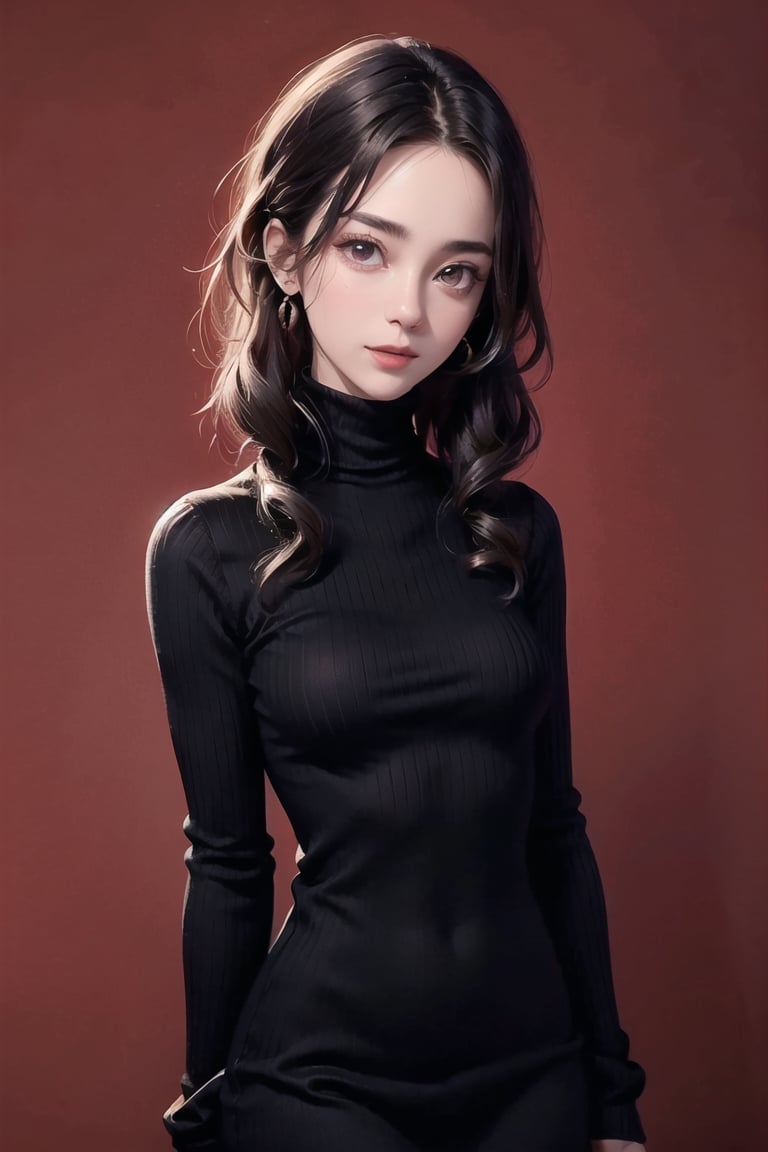 best quality, masterpiece, detailed, 16k, beautiful detailed face, beautiful detailed eyes, 8k, femalesolo, prefect body, prefect face, A cute girl, long black curly hair, matt lips,(heavy lower lips), (elegant turtleneck dress:1.2), casual outfit, (red background) , sweet smile,pastelbg