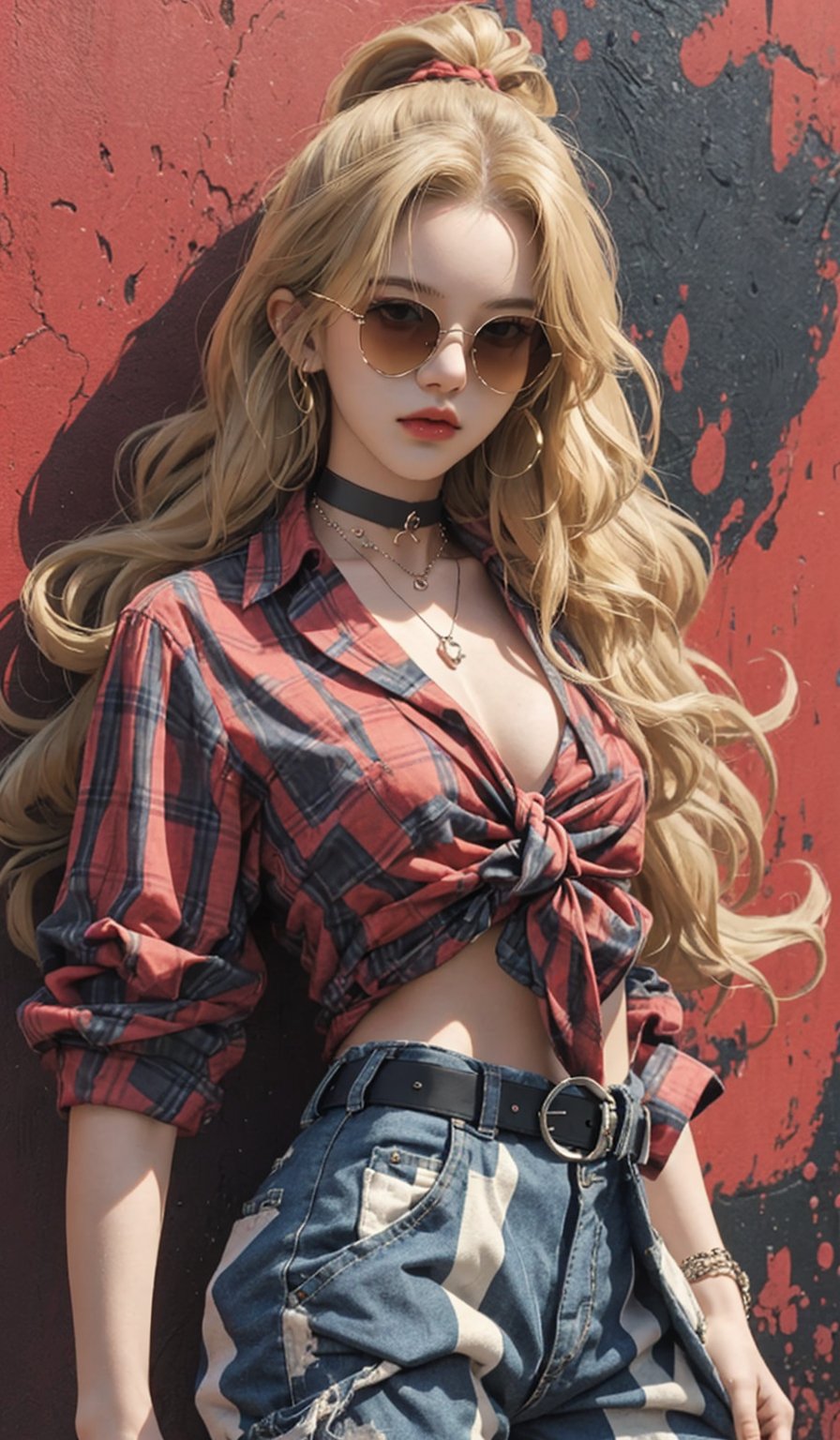  masterpiece art, 8k, (A beautiful teen girl with a skinny body), (yellow wavy hair) , she is wearing a (red designed checked shirt), (black designed cargo shorts), (waist knot belt), (flower choker), (red sunglasses), fashion style clothing. Necklace, jewelry, Her toned body suggests her great strength. The girl is dancing hip-hop and doing all kinds of cool moves.,columnar patch background,rGeometric pattern stitching background,shot from a distance,detailed art Sohwa,medium full shot,skinny,Detaileddace