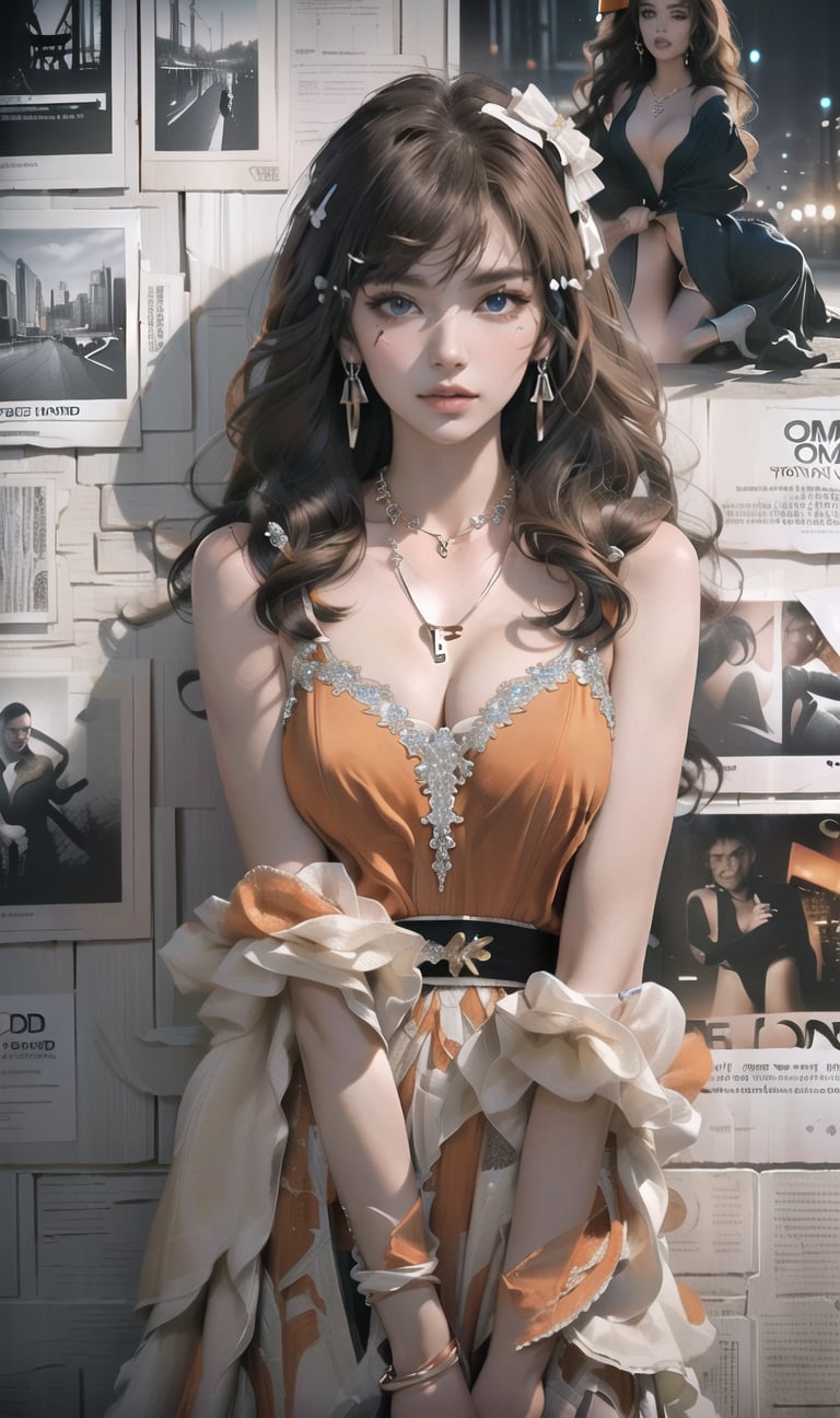 Detailed, masterpiece, newspaper wall, ((((Tom Ford designed: orange Gown)) earrings, jewelry, brown hair, ((hair ribbon)), ((jewelry, necklace)), 1girl, ((Styles photoshoot pose)),  long hair, detailed photo, cinematic photoshoot, ultra detailed, realistic photoshoot, raw photo, upper_body,skinny