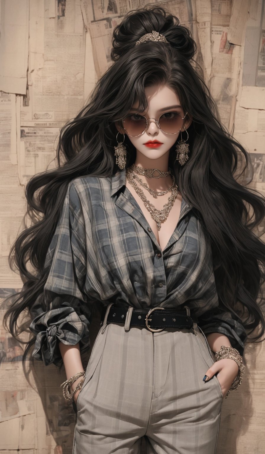  masterpiece art, 8k, (A beautiful teen girl with a skinny body), (black wavy hair) , she is wearing a (red designed checked shirt), (black designed Palazzo shorts), (waist knot belt), (flower choker),  (black sunglasses), fashion style clothing. Necklace, jewelry, Her toned body suggests her great strength. The girl is dancing hip-hop and doing all kinds of cool moves.,white wall background,shot from a distance,detailed art Sohwa,medium full shot,skinny,Detaileddace