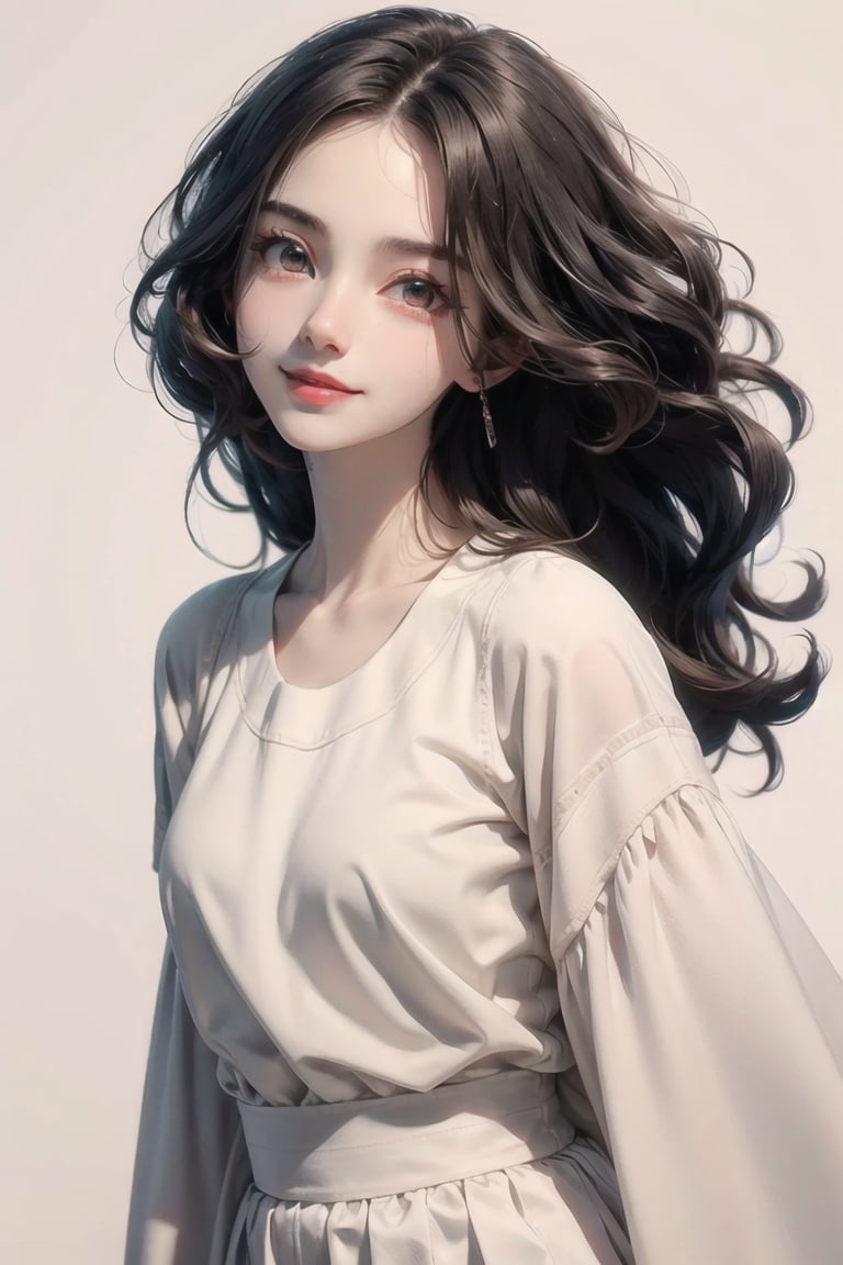 best quality, masterpiece, detailed, 16k, beautiful detailed face, beautiful detailed eyes, 8k, femalesolo, prefect body, prefect face, A cute girl, long black curly hair, white cute top and long skirt, casual outfit, (red background) , sweet smile, Detailedface,pastelbg