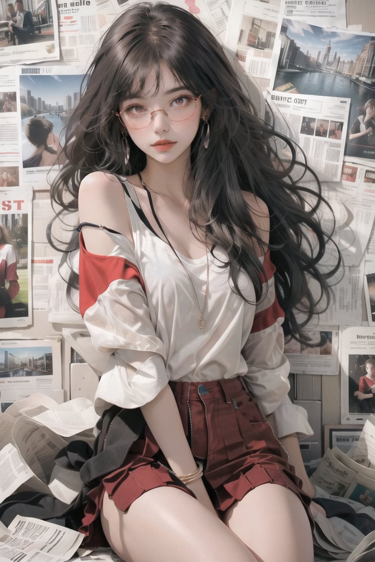 newspaper wall, ((red eyes glasses)), ((red off shoulder shirt)), solo, ((skirt)), earrings, jewelry, brown hair, hair ribbon, jewelry, 1girl, ((Styles photoshoot pose)),  long hair, upper_body,skinny