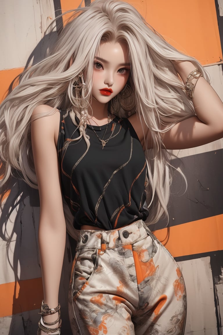  A beautiful teen girl with a skinny body, (white dreadlocks hair) , she is wearing a (orange designed top and black designed Harem Pants), fashion style clothing. Her toned body suggests her great strength. The girl is dancing hip-hop and doing all kinds of cool moves.,Sohwa,medium shot