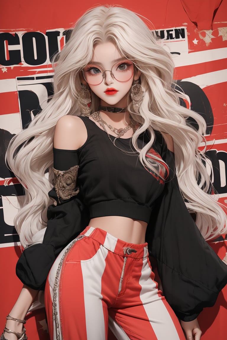  A beautiful teen girl with a skinny body, (white multi dreadlocks hair) , she is wearing a (red designed full sleeve top and designed Harem Pants), fashion style clothing. eye glasses, Her toned body suggests her great strength. The girl is dancing hip-hop and doing all kinds of cool moves.,Sohwa,medium shot