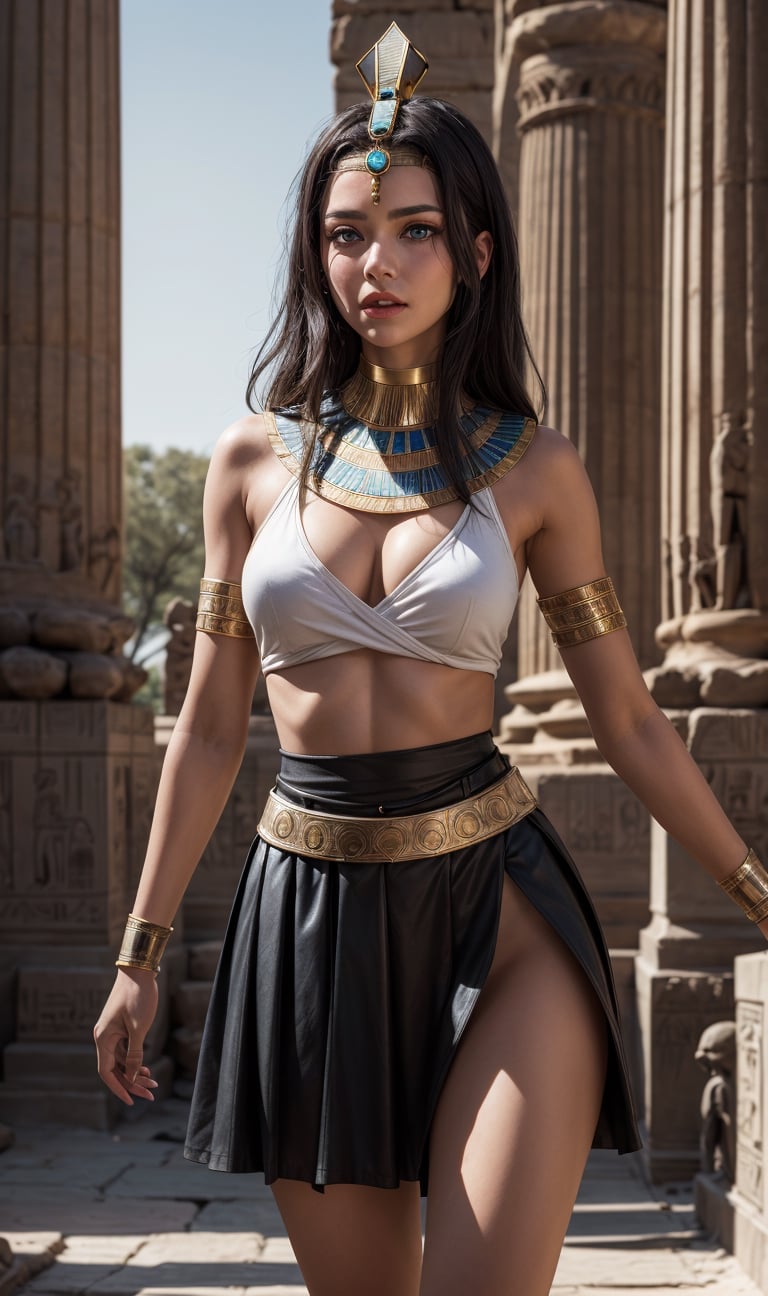 {masterpiece}, {best quality}, {ultra-detailed}, realistic, (a beautiful Egyptian Shendyt girl:1.0), (Ancient Egypt theme:1.1), ( black hair), (blue eyes), slim body, long skinny belly,  wear ((skirts, tunics, and more made of metal, to protect themselves while fighting. Ancient women used to wear wrap-around skirts which were known as Shendyt)), Head Eagel Crown, Egyptian jewelry, bold and sexy, dynamic posing, tired expression in her face, ultra detaied photo, day lighting, black shadow ratio, realistic photoshoot, raw photo, ancient Egyptian (clothing), (upper body), (front body photo), ((ground view photo)) 