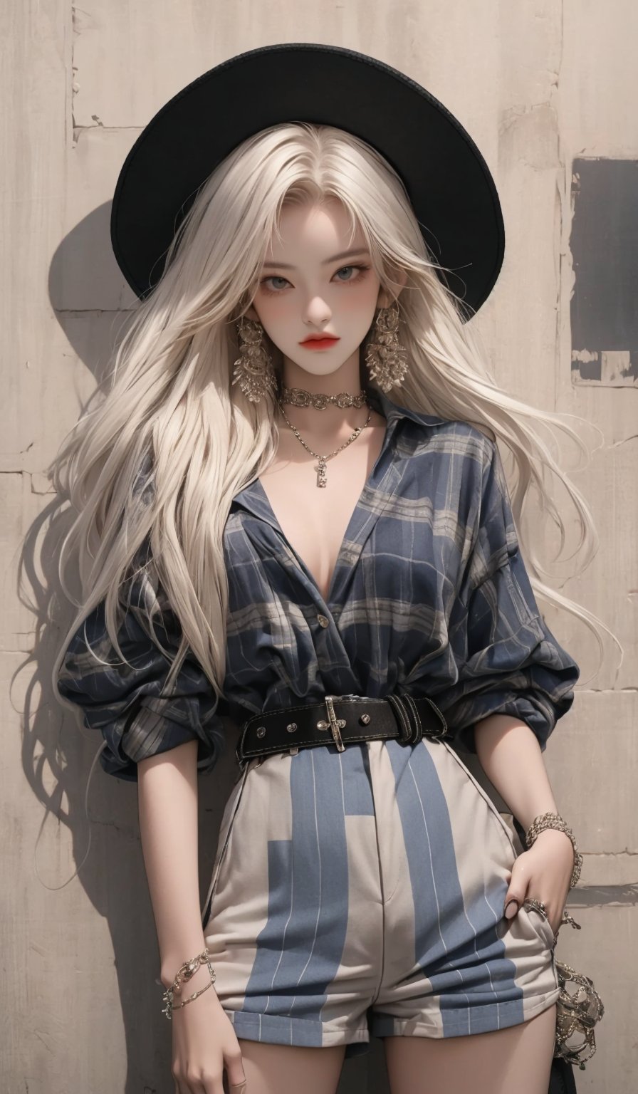  masterpiece art, 8k, (A beautiful teen girl with a skinny body), (white dreadlocks hair) , she is wearing a (red designed checked shirt), (black designed Palazzo shorts), (waist knot belt), (choker), (Beaver hat), fashion style clothing. Necklace, jewelry, Her toned body suggests her great strength. The girl is dancing hip-hop and doing all kinds of cool moves.,white wall background,shot from a distance,detailed art Sohwa,medium full shot,skinny,Detaileddace