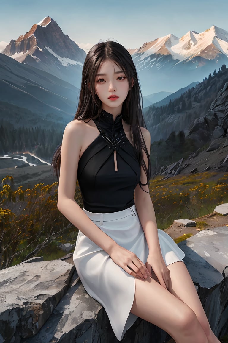 (High quality, High resolution, High quality, Fine details), 1girl, black hair, long hair, mountain background, simple background, bare shoulders, seated fashion,