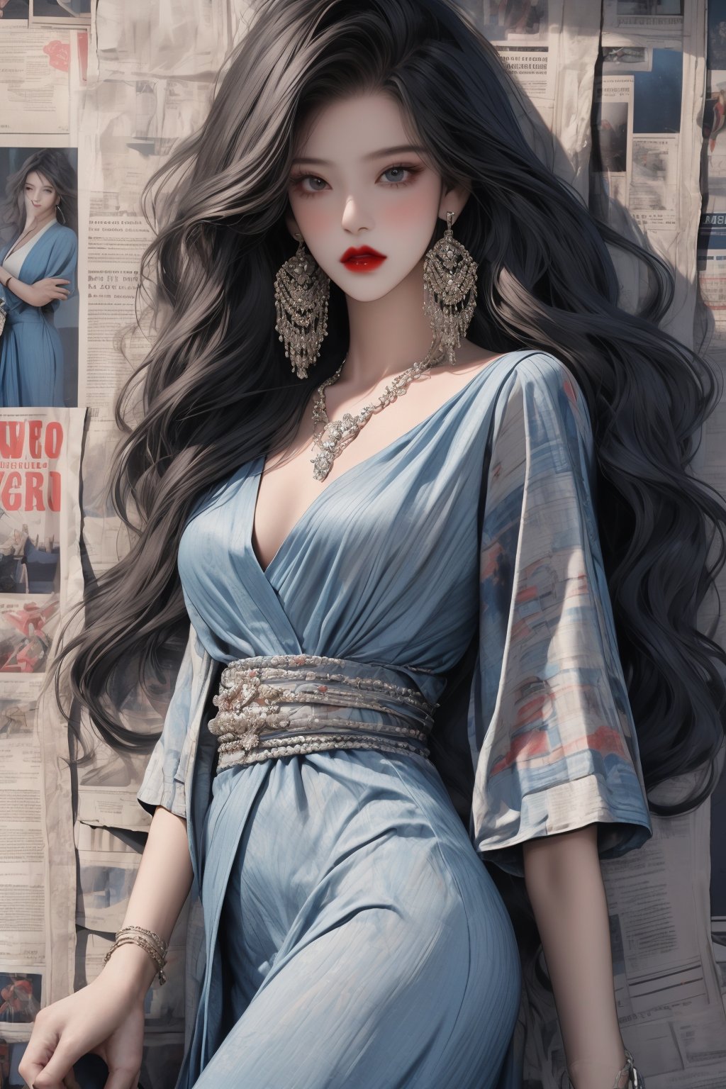 teen girl,skinny (masterpiece, best quality, ultra detailed, absurdres)1.5, long hair, bare legs, long hair
looking at viewer
jewelry
black hair
cowboy shot
earrings
long necklace
indoors
blue kimono dress
lips
wavy hair
red lips,chung,newspaper wall,fashiongirl