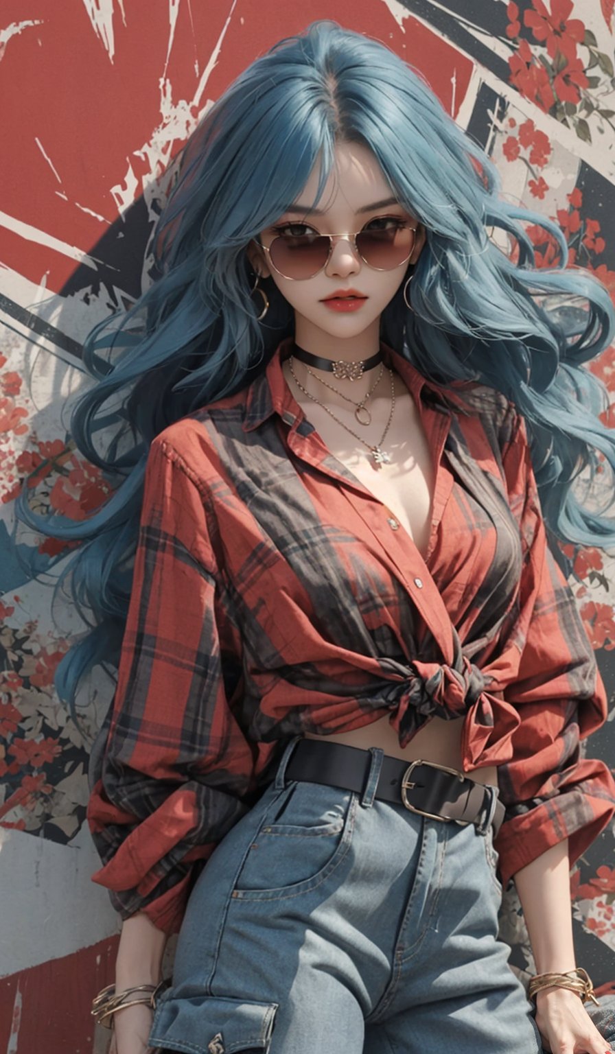  masterpiece art, 8k, (A beautiful teen girl with a skinny body), (blue wavy hair) , she is wearing a (red designed checked shirt), (black designed cargo shorts), (waist knot belt), (flower choker), (red sunglasses), fashion style clothing. Necklace, jewelry, Her toned body suggests her great strength. The girl is dancing hip-hop and doing all kinds of cool moves.,columnar patch background,rGeometric pattern stitching background,shot from a distance,detailed art Sohwa,medium full shot,skinny,Detaileddace