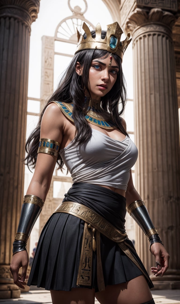 {masterpiece}, {best quality}, {ultra-detailed}, realistic, (a beautiful Egyptian Shendyt girl:1.0), (Ancient Egypt theme:1.1), ( black hair), (blue eyes), slim body, long skinny belly,  wear ((skirts, tunics, and more made of metal, to protect themselves while fighting. Ancient women used to wear wrap-around skirts which were known as Shendyt)), Head Eagel Crown, Egyptian jewelry, bold and sexy, dynamic posing, tired expression in her face, ultra detaied photo, day lighting, black shadow ratio, realistic photoshoot, raw photo, ancient Egyptian (clothing), (upper body), (front body photo), ((ground view photo)) 
