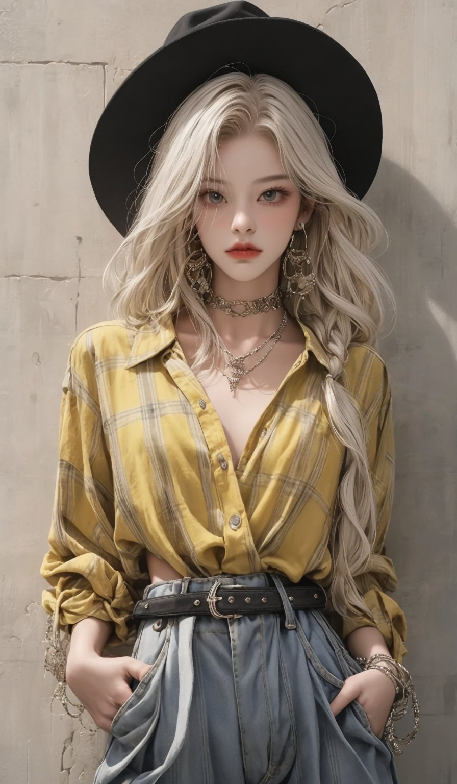  masterpiece art, 8k, (A beautiful teen girl with a skinny body), (white dreadlocks hair) , she is wearing a (yellow designed checked shirt), (black designed cargo shorts), (waist knot belt), (choker), (Beaver hat), fashion style clothing. Necklace, jewelry, Her toned body suggests her great strength. The girl is dancing hip-hop and doing all kinds of cool moves.,white wall background,shot from a distance,detailed art Sohwa,medium full shot,skinny,Detaileddace