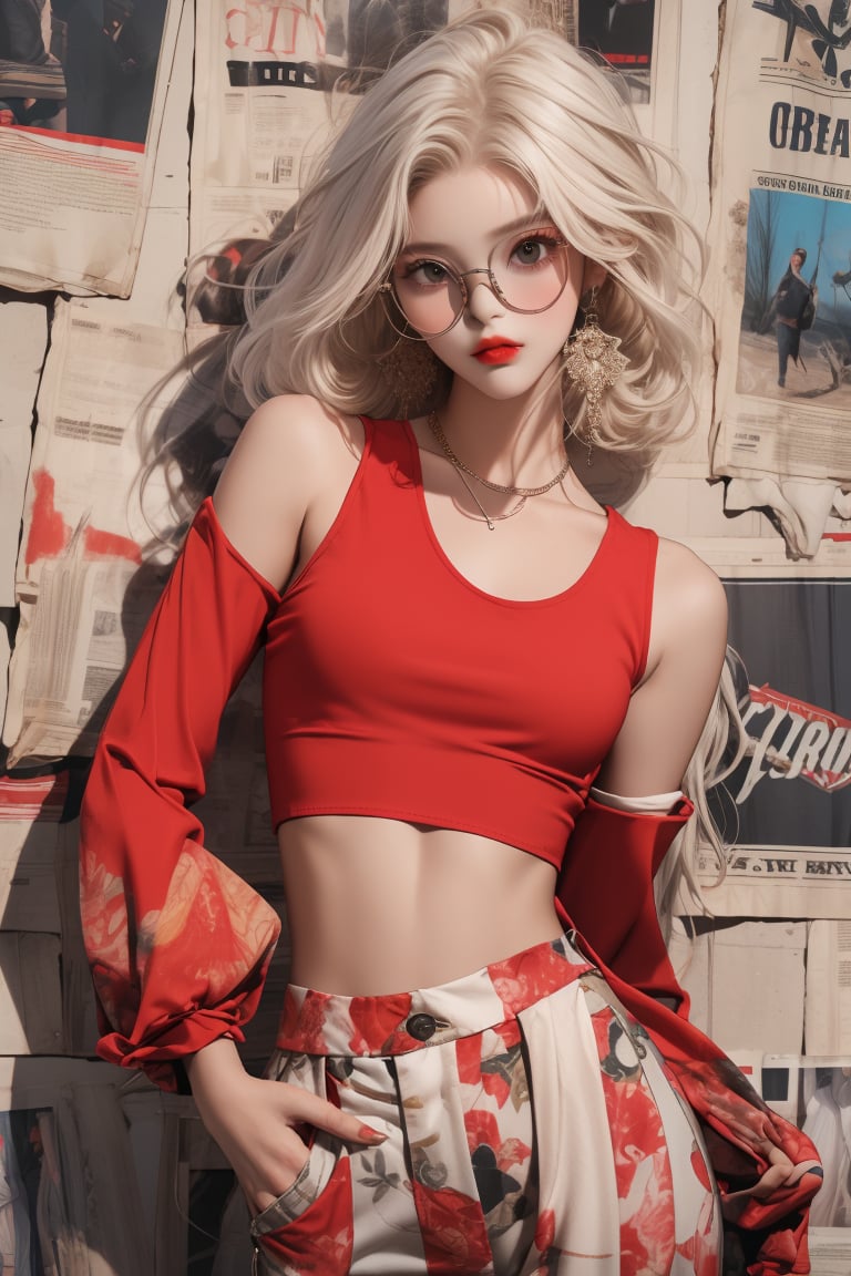 A beautiful teen girl with a skinny body, (white dreadlocks hair) , she is wearing a (red designed full sleeve top and designed Harem Pants), fashion style clothing. eye glasses, Her toned body suggests her great strength. The girl is dancing hip-hop and doing all kinds of cool moves.,Sohwa,medium shot