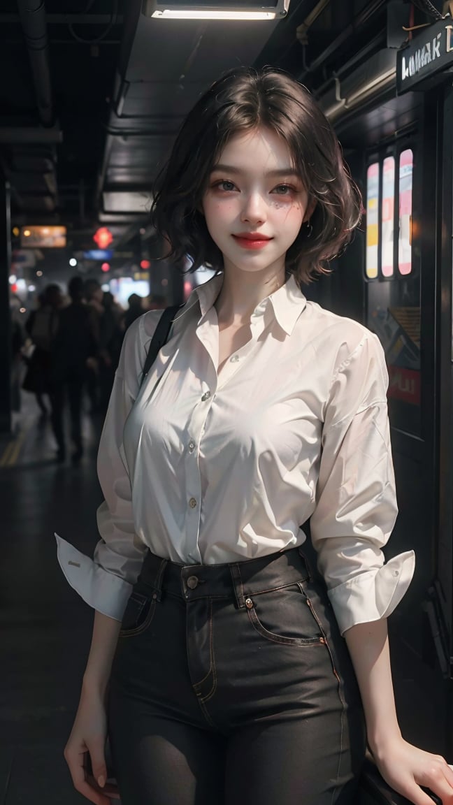 photorealistic, high contrast, 8k HD, detailed, hyper-detailed, best quality, ultra high res, raw photo, dramatic lighting, unreal engine, a very beautiful young smiling woman with a short hair, in the subway, crowded people, a normal breast, wearing white full sleeve shirt and black pant