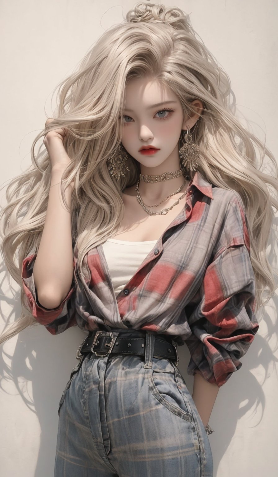  masterpiece art, 8k, (A beautiful teen girl with a skinny body), (white dreadlocks hair) , she is wearing a (red designed checked shirt), (black designed Palazzo shorts), (waist knot belt), (flower choker), fashion style clothing. Necklace, jewelry, Her toned body suggests her great strength. The girl is dancing hip-hop and doing all kinds of cool moves.,white wall background,shot from a distance,detailed art Sohwa,medium full shot,skinny,Detaileddace