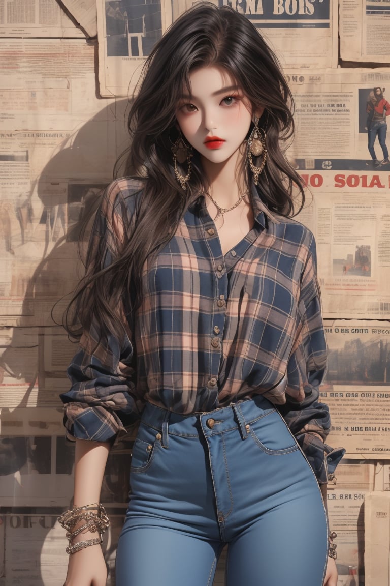  A beautiful girl with a slim figure, she is wearing a red checked shirt and skinny jeans, fashion style clothing. Her toned body suggests her great strength. The girl is standing confident and doing all kinds of cool poses.,Sohwa,medium full shot