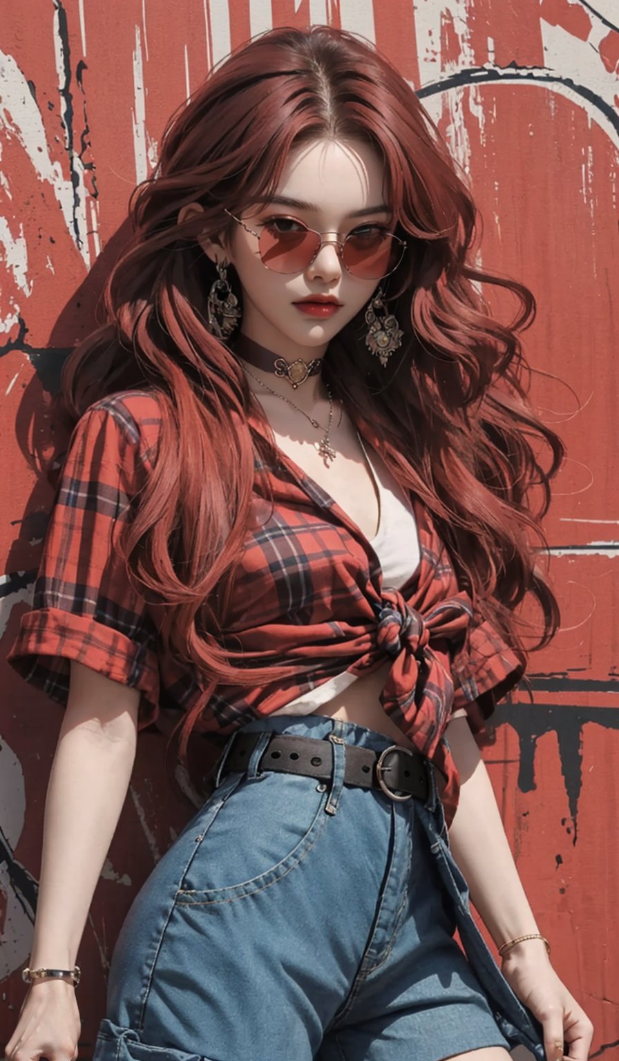  masterpiece art, 8k, (A beautiful teen girl with a skinny body), (red wavy hair) , she is wearing a (red designed checked shirt), (black designed cargo shorts), (waist knot belt), (flower choker), (red sunglasses), fashion style clothing. Necklace, jewelry, Her toned body suggests her great strength. The girl is dancing hip-hop and doing all kinds of cool moves.,columnar patch background,rGeometric pattern stitching background,shot from a distance,detailed art Sohwa,medium full shot,skinny,Detaileddace