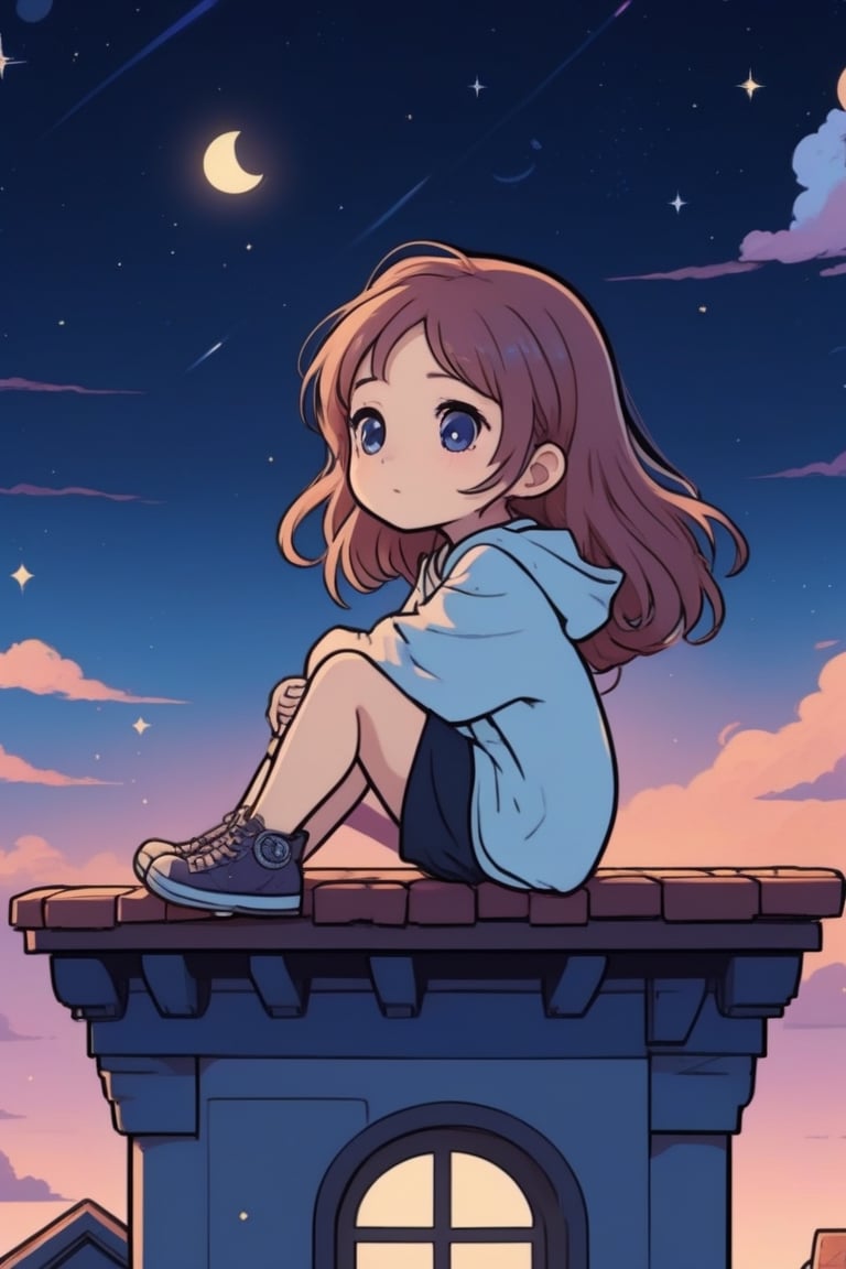 ((best quality)), ((masterpiece)), (detailed), illustration of A girl gazes at the cosmic expanse from a rooftop – detailed night sky, twilight hues, rooftop silhouette, the end of the world, viewed from below, sitting, full body, chibi, white background, simple background,concept art,sots art,kawaii sticker,sticker,anime style