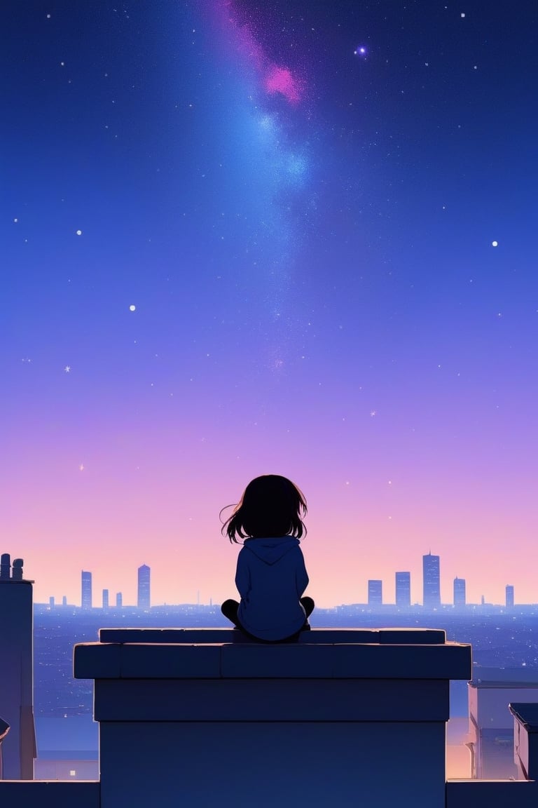 ((best quality)), ((masterpiece)), (detailed), illustration of A girl gazes at the cosmic expanse from a rooftop – detailed night sky, twilight hues, rooftop silhouette, the end of the world, viewed from below, sitting, full body,chibi,simple background,concept art,sots art,((sticker))