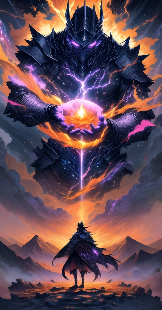 ((best quality)), ((masterpiece)), (detailed), ultra high resolution, An ancient battlemage, exuding power and menace, levitates dynamically above a desert landscape. He's in a warrior's pose, his fingers crackling with thick, vivid chains of purple and pink lightning. The ground below him blazes with orange-red flames, creating a dramatic contrast. The scene is illuminated by god rays and volumetric lighting, enhancing the sense of awe and magic. Dust particles swirl in the air, adding to the chaotic yet majestic atmosphere, digital art, transparant background, Centred vector art,tshee00d,vector style