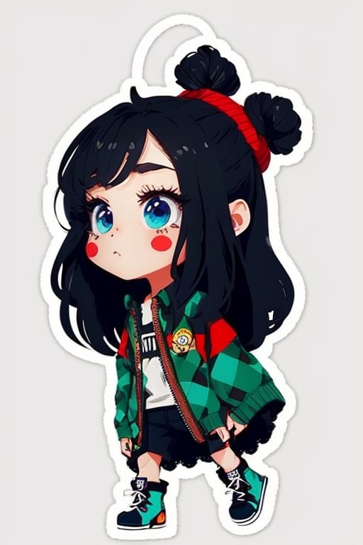 ((best quality)), ((masterpiece)), (detailed), anime girl sticker, Flannel shirt, Band tee, Black skinny jeans, Lace-up boots, full body, simple details, ,chibi, ((stickers)),white background,simple background,concept art,sots art,