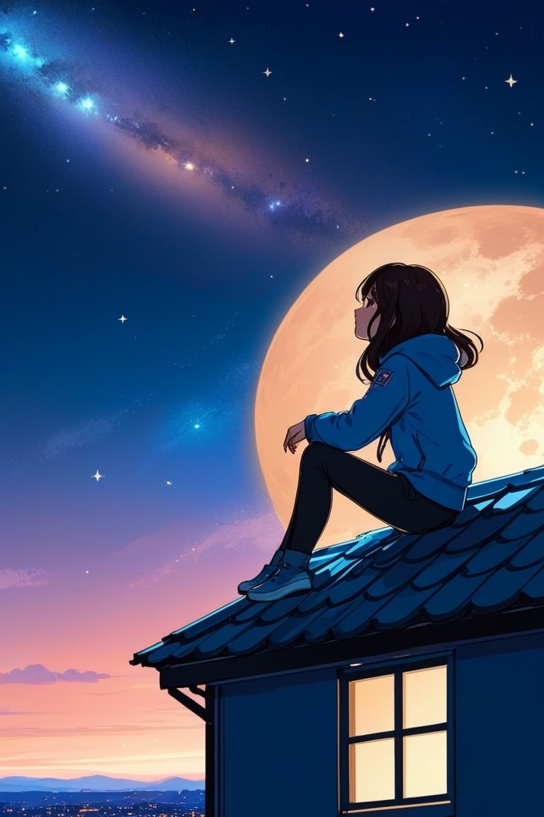 ((best quality)), ((masterpiece)), (detailed), illustration of A girl gazes at the cosmic expanse from a rooftop – detailed night sky, twilight hues, rooftop silhouette, the end of the world, viewed from below, sitting, full body,chibi,simple background,concept art,sots art,((sticker))