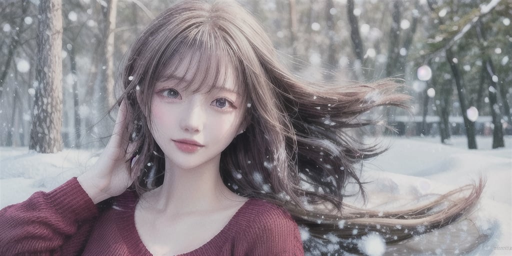 ((best quality)), ((masterpiece)), (detailed), photorealistic highly detailed 8k photography, White hair, detailed, red eyes, windy, floating hair, snowy, upper body, red sweater, detailed face, winter, trees, sunshine, midriff 23680387,girl