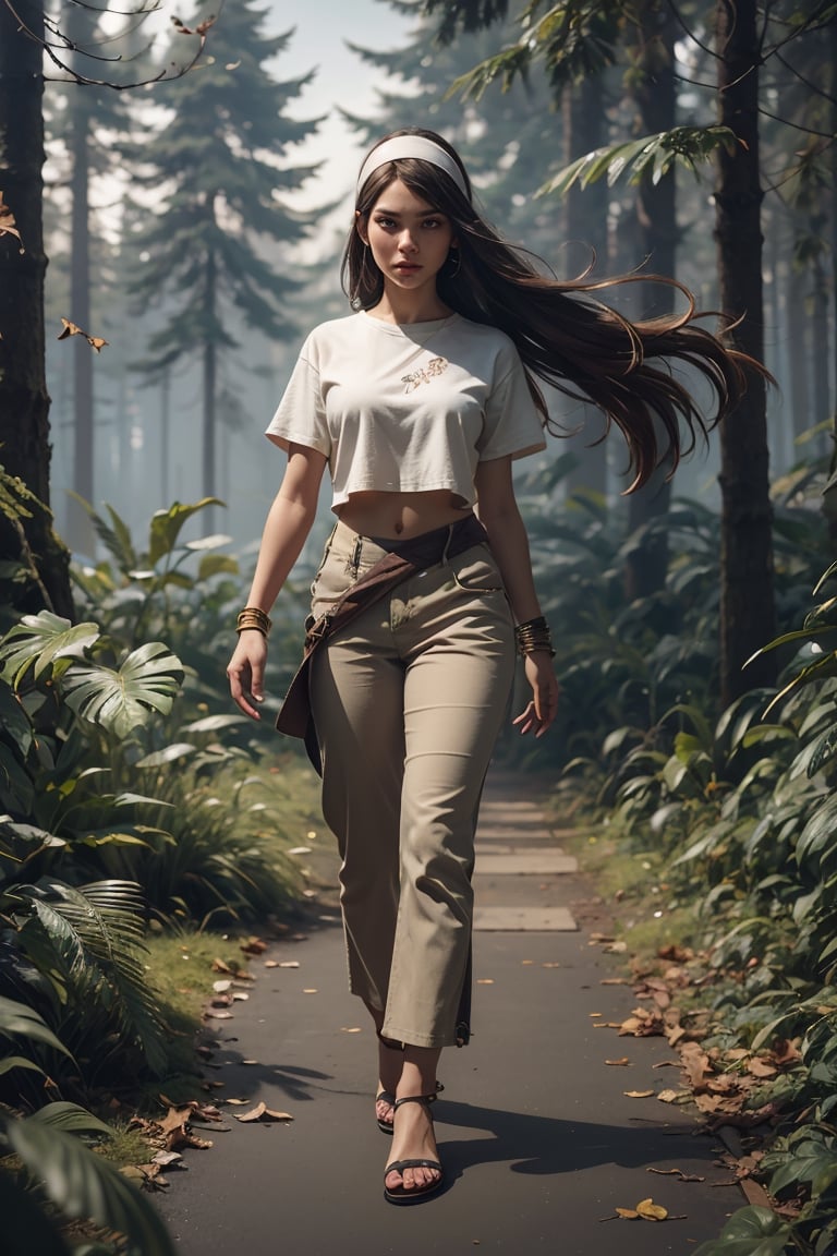 A young girl, Indonesian face, 30 years old, a white light emerges from his hands, athletically built, wearing a white silat shirt and trousers, smooth, long hair with a white headband, wearing an arm bracelet, on top  Batu wears full body sandals, looks far away, forest, fallen leaves, wind effects, very realistic detailed cinematic dramatic rendering unreal engine 5 ultra hd 128k sdxl midjourney.