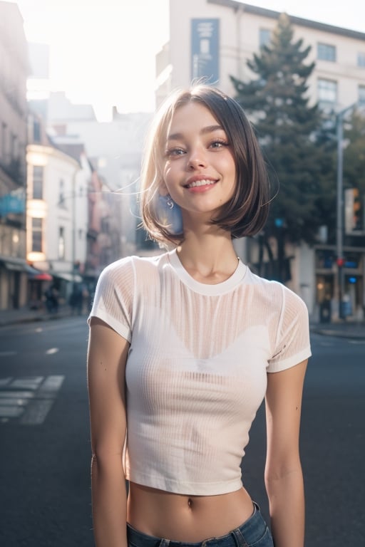 1girl, solo, smile, short hair, shirt, black hair, navel, white shirt, upper body, short sleeves, outdoors, teeth, midriff, pants, grin, blurry, crop top, head tilt, t-shirt, realistic, photo background.