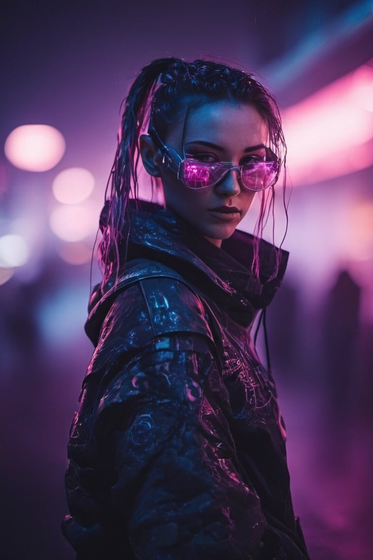 extremely blurred portrait of a cyberpunk girl. Full blurred scene, no details, neon pastel colors, multiple exposure,cyberpunk style,night city