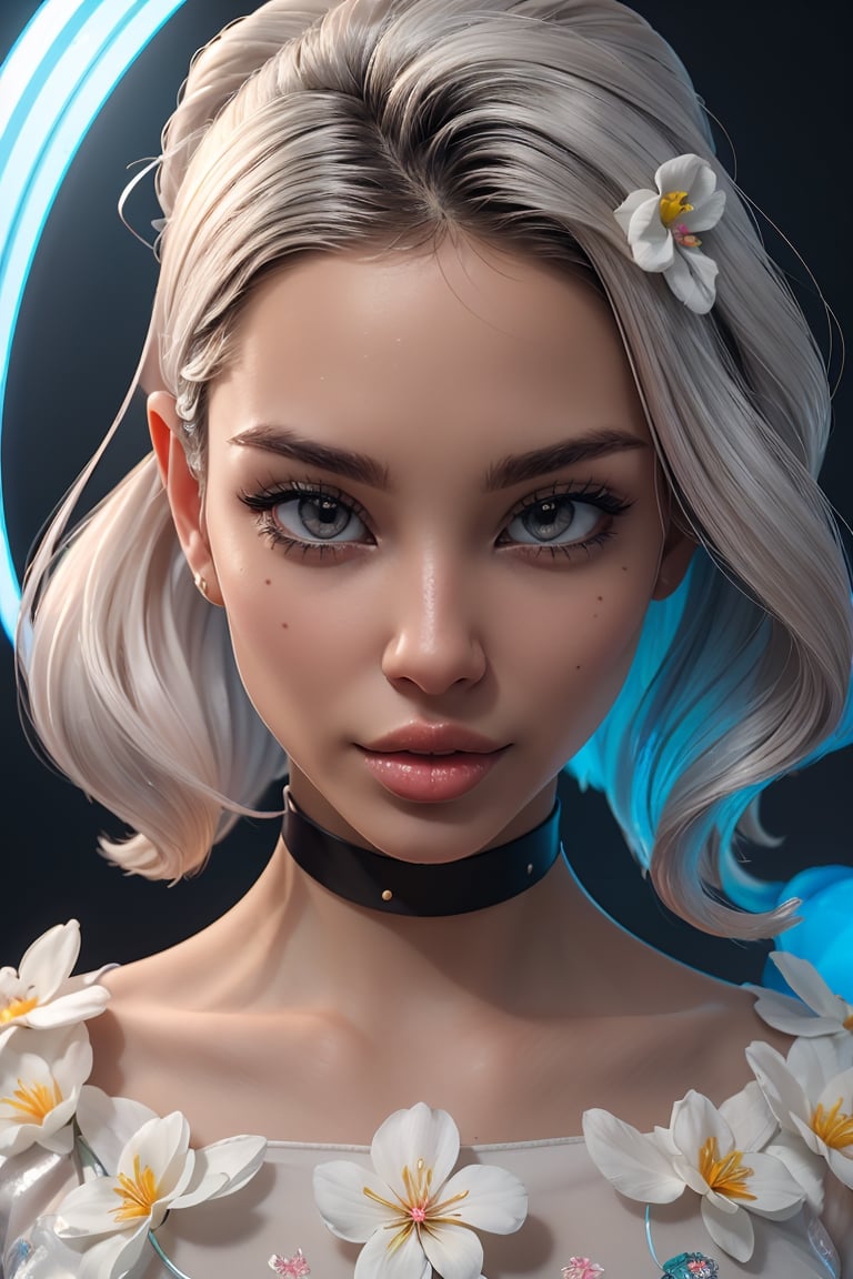 the beauty is standing on the flower,the facial details are profect, and the character details are exquisite, trendy fashion cloths, trendy portraits, bright colors, clean background, 3D cartoon systle rendering, Panoramic view, large aperture, pop mart production, delicate gloss, 8K gradient translucent glass melt, frosted glass.