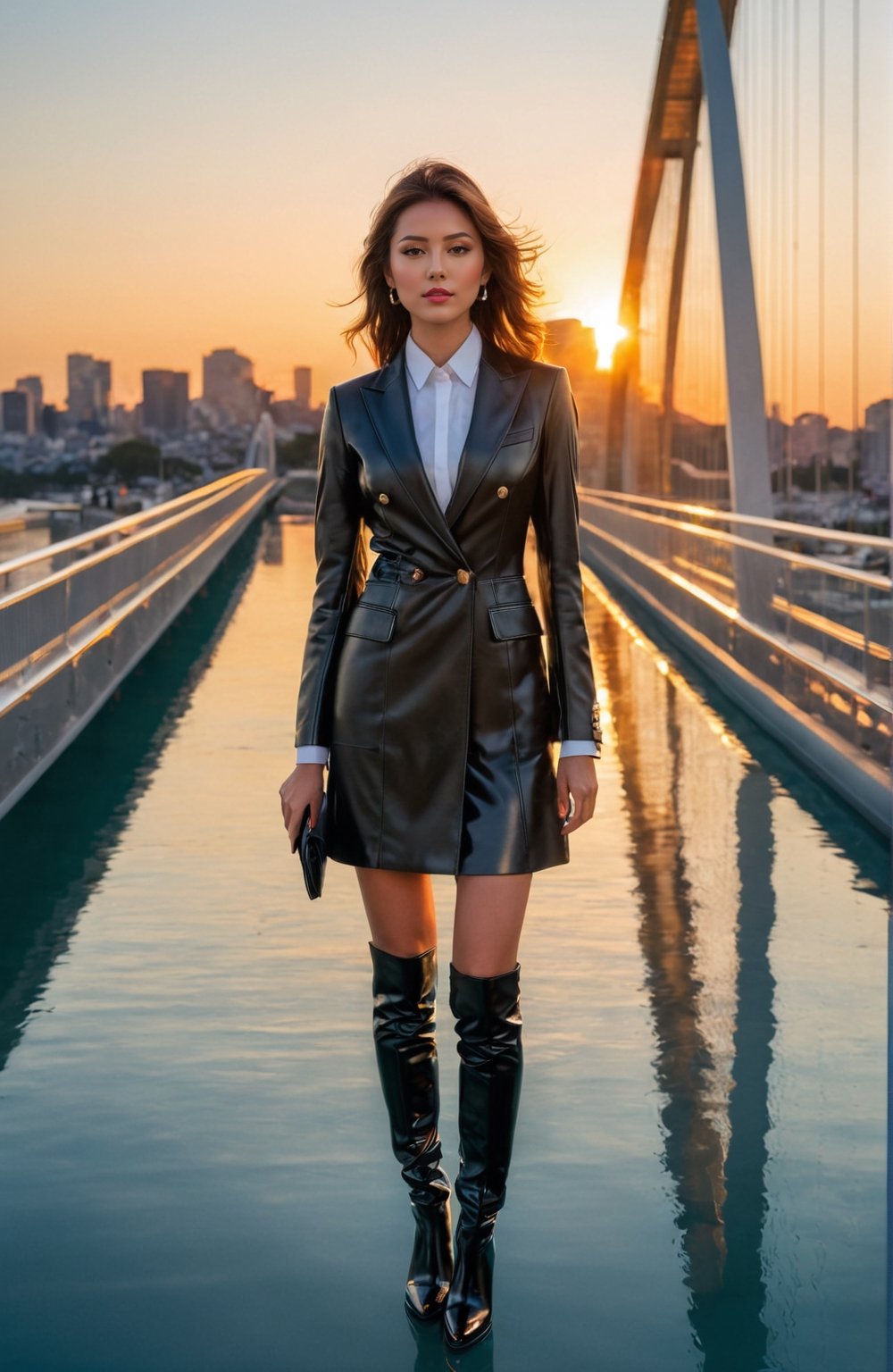 Under the golden radiance of the setting sun, envision a Japanese girl of elegance, her attire a sharply tailored suit complemented by luxurious black leather boots. She embodies sophistication, The backdrop is a marvel of modern architecture, a bridge crafted entirely from glass, capturing and reflecting the sun's rays into a spectrum of rainbow lights. This scene is to be captured as if through the lens of a zero-reflection camera, with utmost clarity and resolution, highlighting the woman's exquisite facial features in sharp detail. The image merges the timeless elegance of traditional portrait photography with the vibrant, dynamic hues of sunset, set against a futuristic glass bridge. The focus is on achieving a hyper-realistic quality that brings out the texture of her suit, the shine on her boots, and the delicate beauty of her face under the soft, colorful glow of the evening light, style raw.